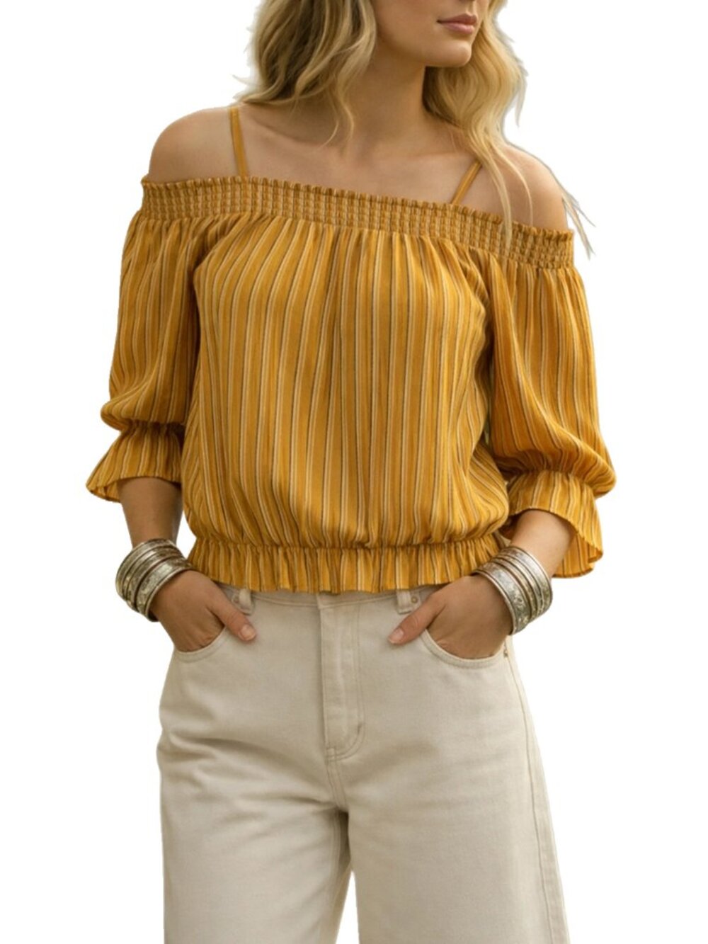Ricki’s Striped Off Shoulder Smock Neck Blouse